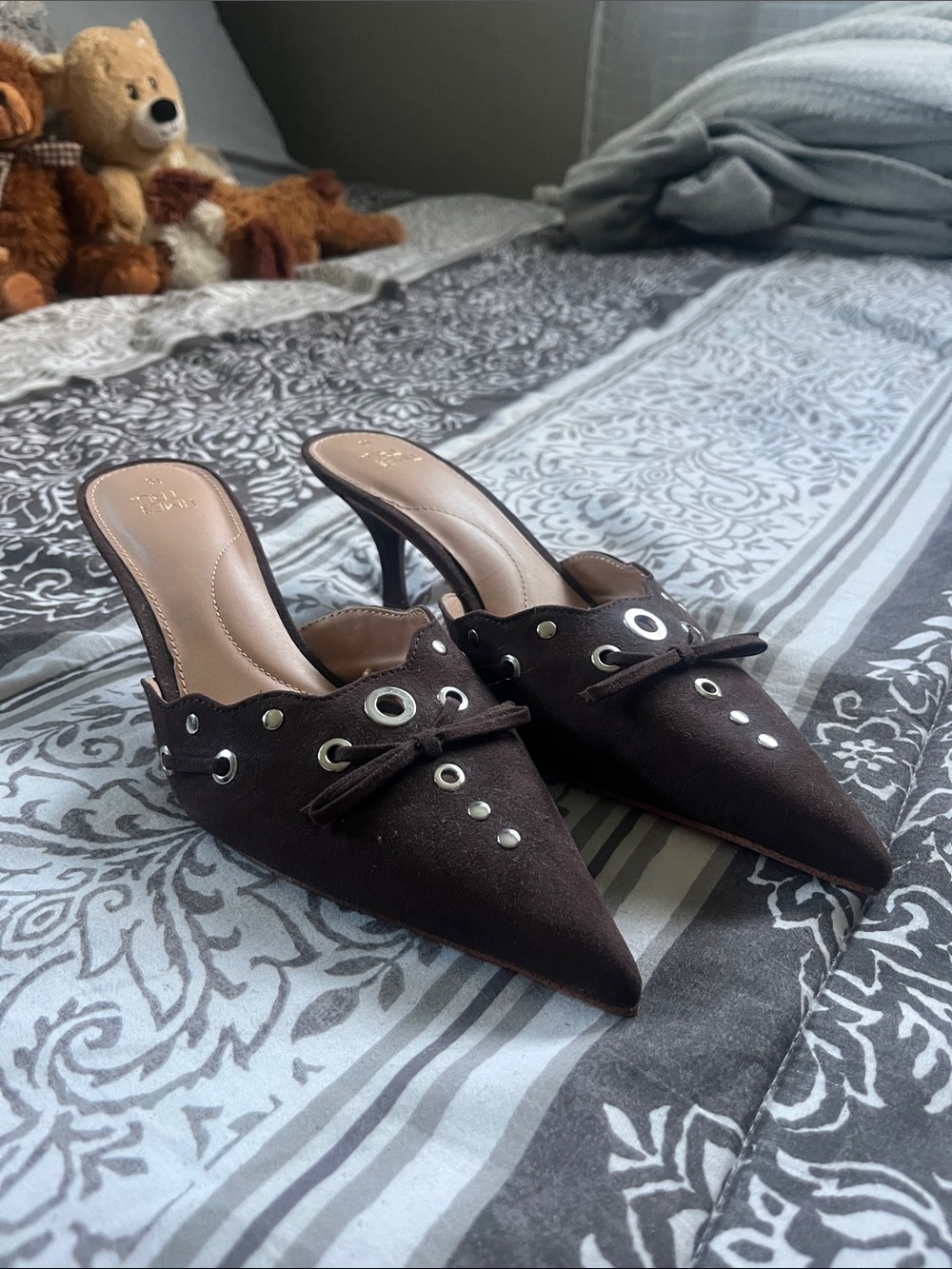 Women’s Brown Pointed Toe Studded Mule Heels